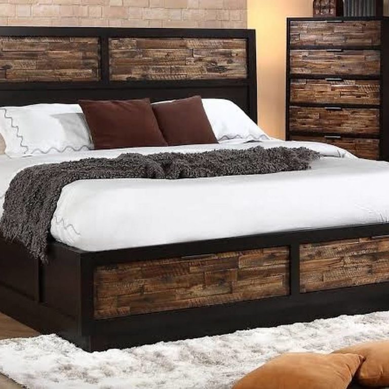 Rustic wooden bed with storage drawers